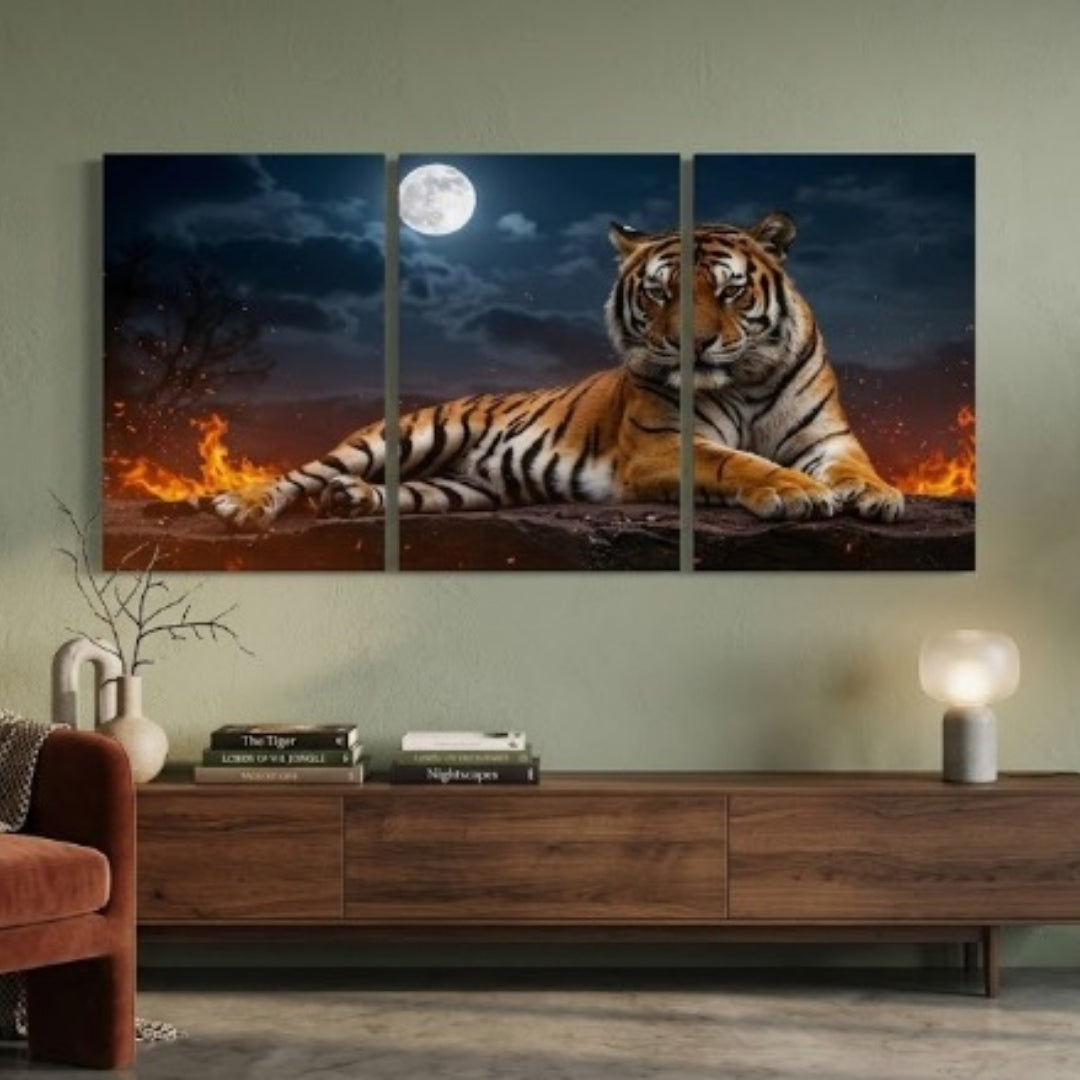 Majestic Tiger & Full Moon Wooden Wall Art Panels - 3 Piece