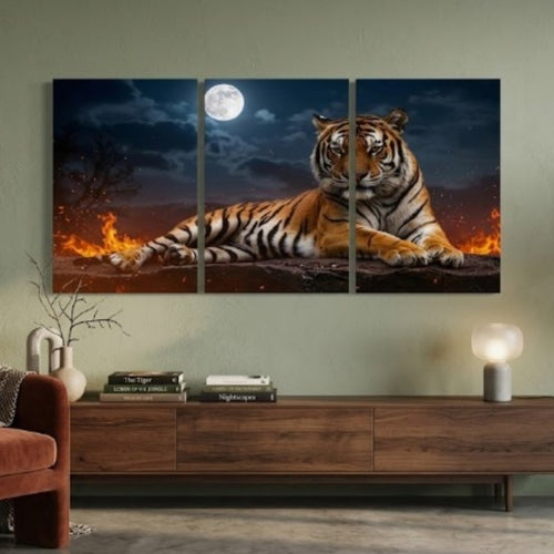Majestic Tiger & Full Moon Wooden Wall Art Panels - 3 Piece