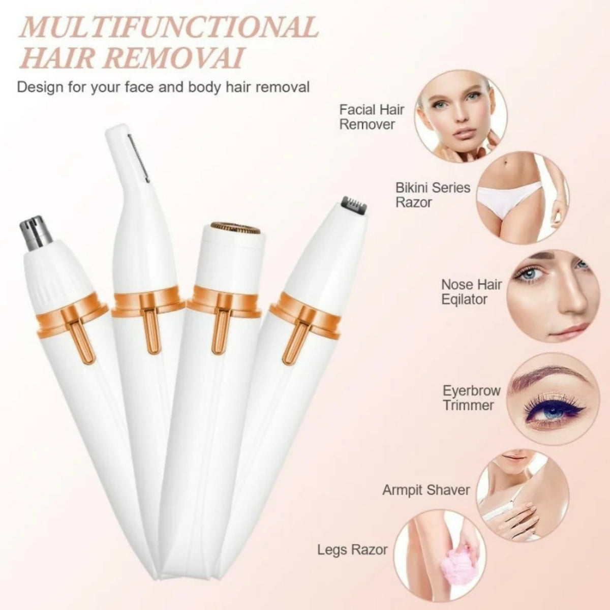 4-in-1 Electric Lady Shaver for Women | Rechargeable Cordless Hair Remover | Bikini Trimmer, Nose & Eyebrow Trimmer | For Face, Legs & Underarms