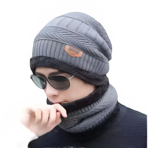 Winter Wool Cap with Neck Warmer Set | Thermal Beanie & Scarf Combo for Men and Women | Gray