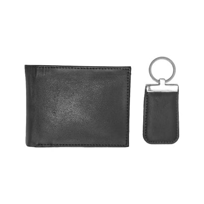 Front view of Style Mate black wallet and keychain gift set in premium leather finish