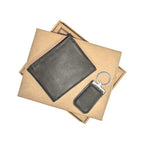Close-up of black leather wallet and keychain set by Style Mate showing fine detailing