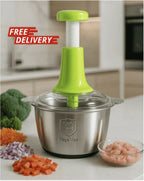 Large 2L Bowl Effortless Vegetable Chopper & Meat Mincer – Manual Hand-Press Food Processor for Fruits, Herbs, Garlic, and Onions