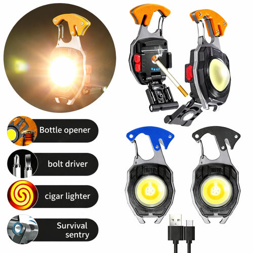 Multifunction Keychain COB Work Lights Strong Magnet Mini Torch with Cigarette Lighter