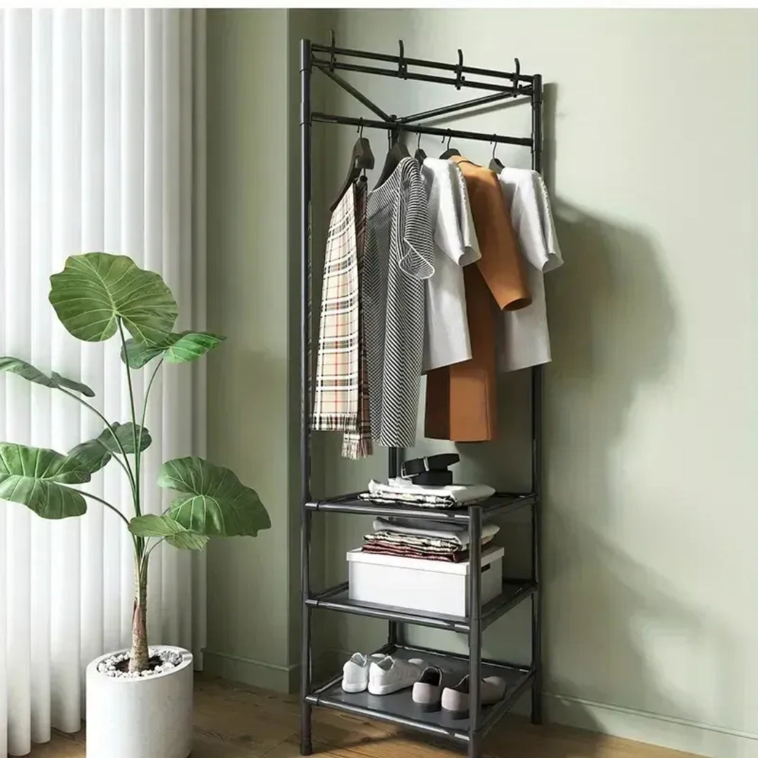 Multifunctional Corner Coat Rack with Storage Shelves