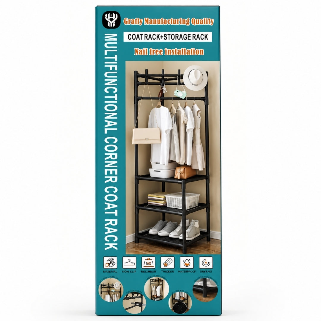 Multifunctional Corner Coat Rack with Storage Shelves