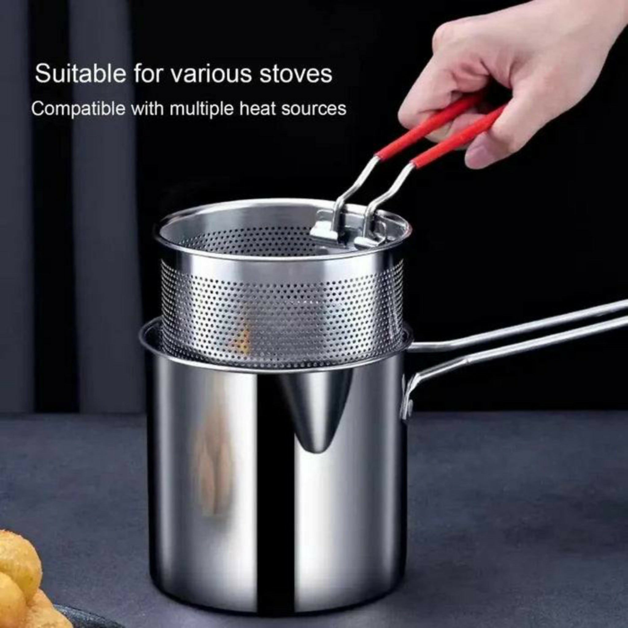 Stainless Steel Deep Fryer Pot with Strainer 1200ML | Heavy-Duty Oil Frying Pan for Kitchen