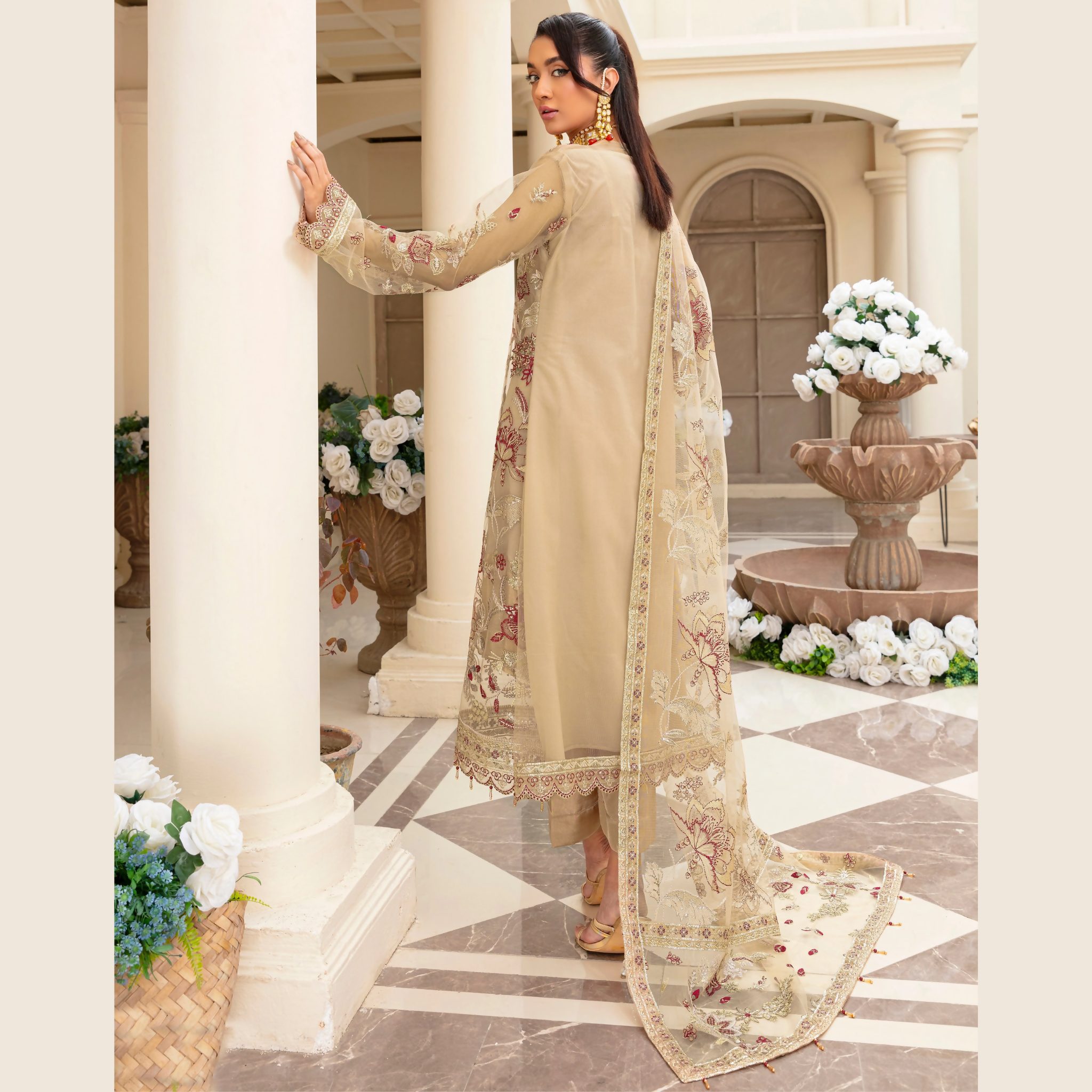 Unstitched Suit, Net Organza Embroidered & Hand-Embellished Dupatta, for Women