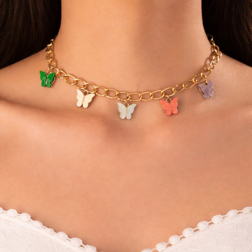 Necklace, Multi Color Butterfly Charm, Alloy Chain for Women
