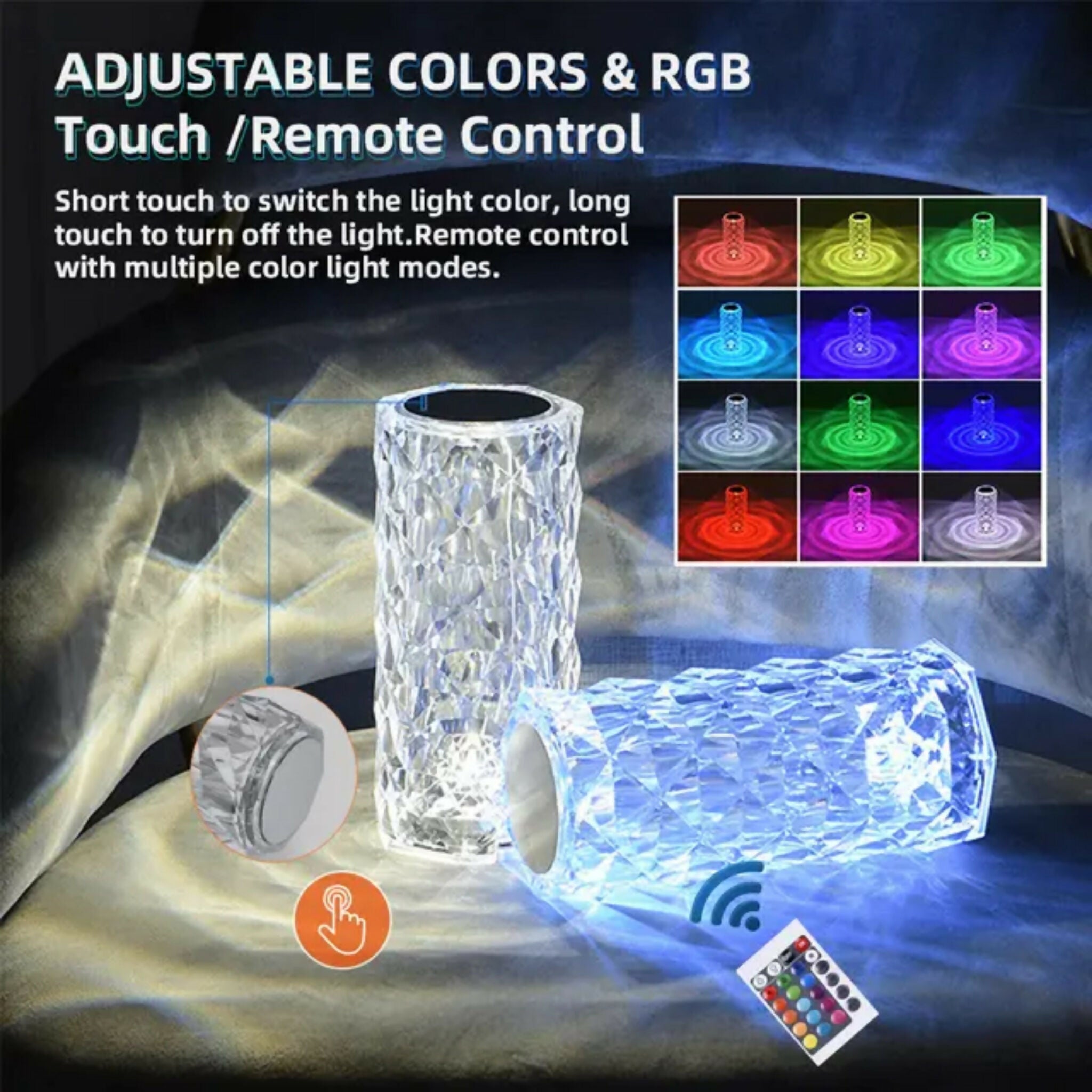 Rose Diamond Crystal Table Lamp – 16 Color RGB Touch Sensor LED Light with Remote & USB Charging