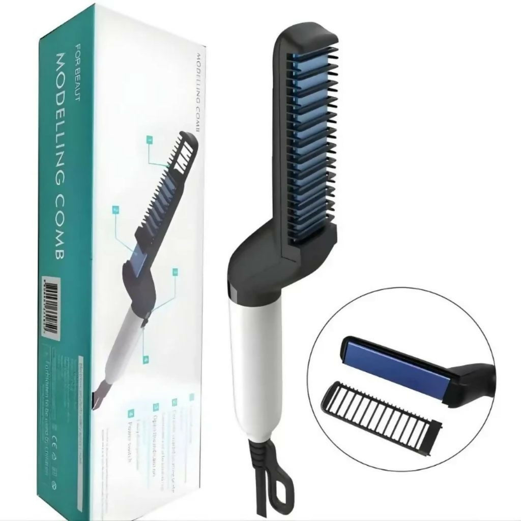 Hair & Beard Straightener Comb, Ceramic Heated Brush, Daily Grooming for Men