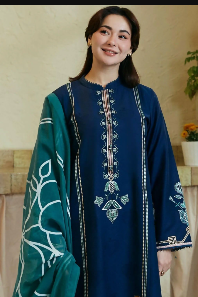 3 Pc Embroidered Lawn Suit Blue For Women