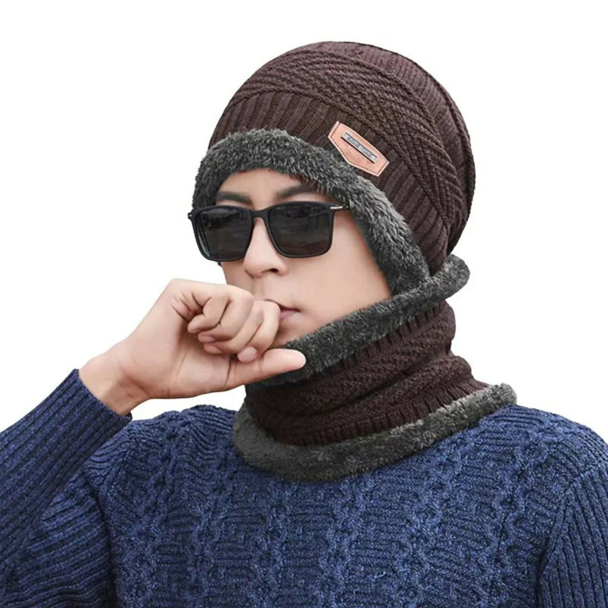Winter Wool Cap with Neck Warmer Set | Thermal Beanie & Scarf Combo for Men and Women | Brown And Gray