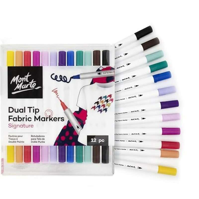 Mont Marte Signature Dual Tip Fabric Markers, 12 Colors, for Textile Art
