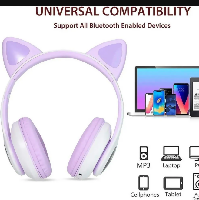 Cat Ear Bluetooth Headphones Pink With LED Light
