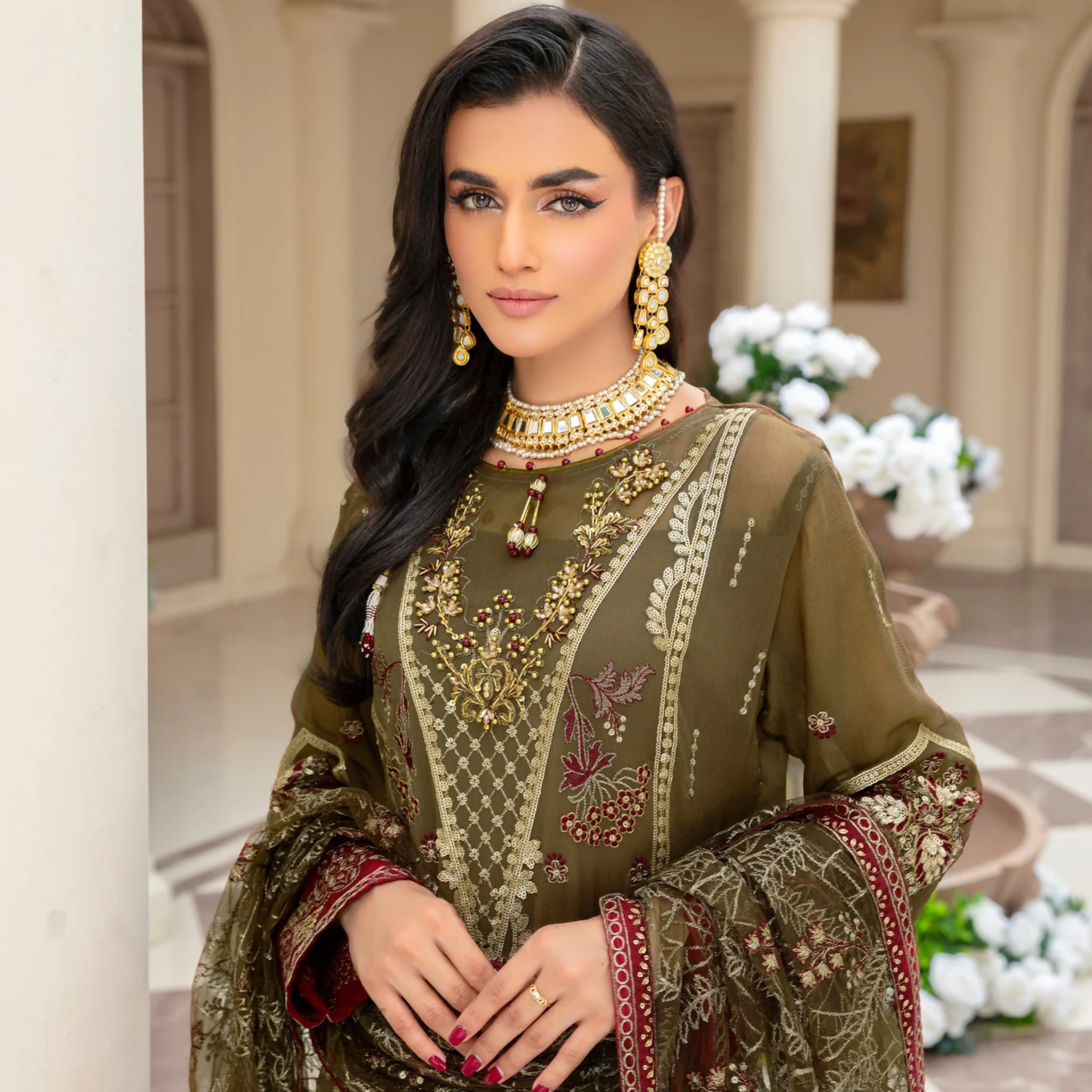 Unstitched Suit, Organza Dupatta Elegantly Embroidered & Hand-Embellished