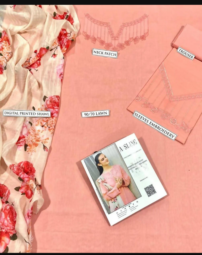 Peach Embroidered Lawn 3pcs Set