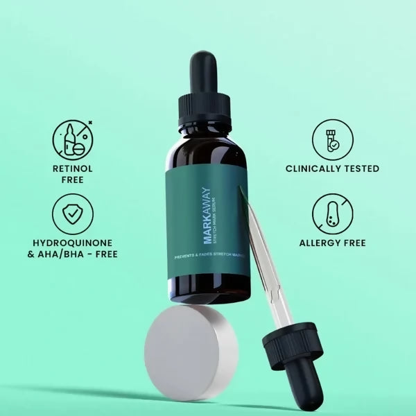 yu450/35Markaway Stretch Mark Serum is a powerful herbal blend designed to reduce the appearance of stretch marks, scars, and uneven skin texture. Enriched with aloe vera, rose pulp, rosehip oil, and hyaluronic acid, it deeply hydrates and nourishes the s