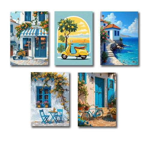 set of 5 italian vintage homes art
