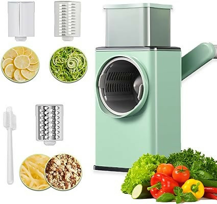 Multifunctional Manual Rotary Vegetable Cutter & Cheese Grater – 3-in-1 Round Mandoline Drum Slicer with Wider Hopper & Shredder for Kitchen (Random Color)