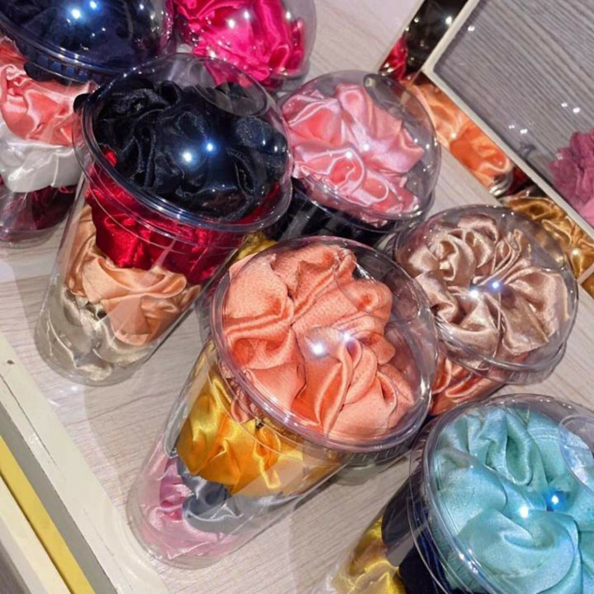 4Pc Colorful Satin Scrunchie Set in Clear Dome Cups – Soft Hair Ties, Random Colors