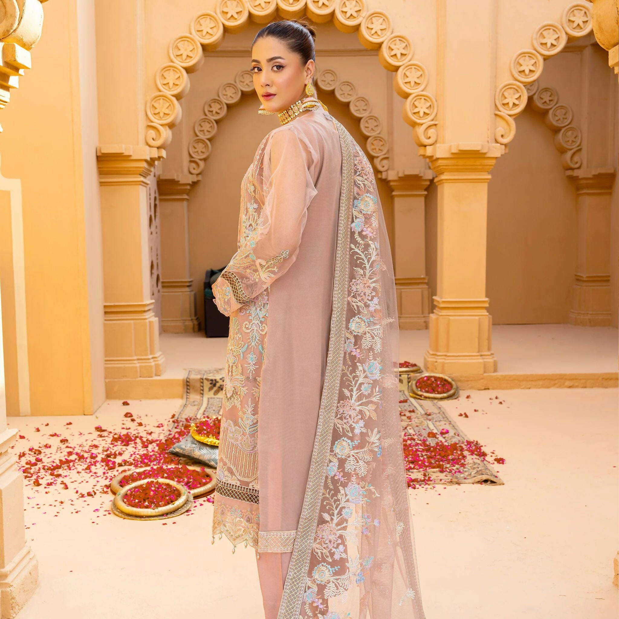 Semi-Stitched Net Embroidered Dress