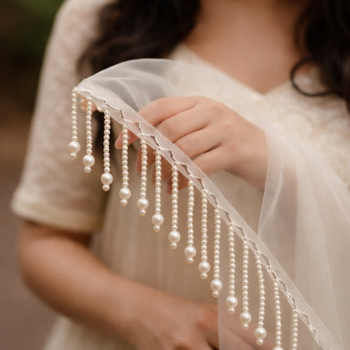 Pearl Latkan Hanging Lace Border for Dupatta & Dress Decoration – 1 Gaz