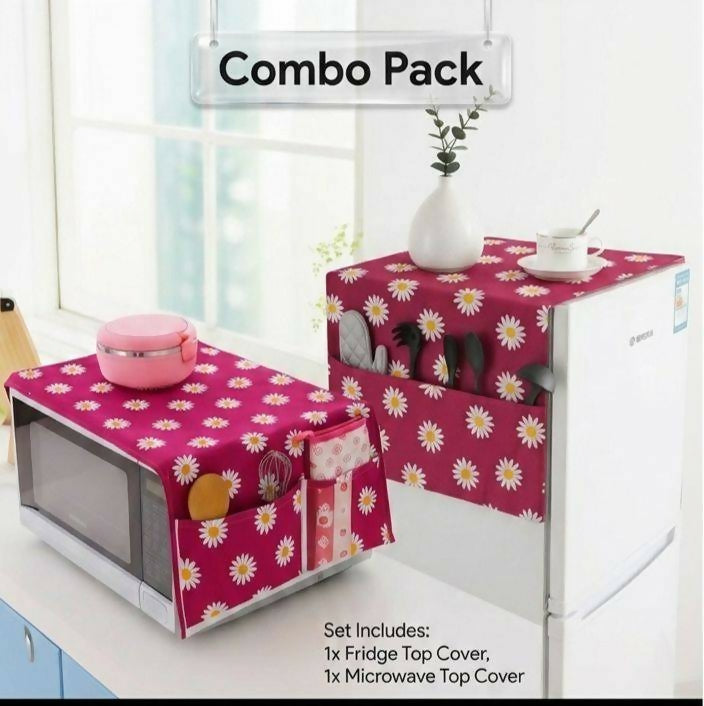 Microwave Oven & Refrigerator Top Cover Combo Pack – Dust-Proof Kitchen Appliance Protectors with Storage Pockets – Random color