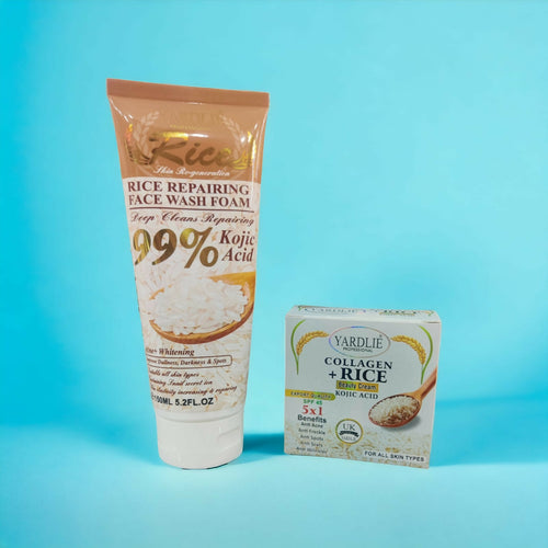 Kit 2 Pcs Deep Facial Cleanser And Repairer With Rice Extract Eliminates Fats And Impurities 150ML Yardlie Clarifying Hyaluronic Acid Rice Scrub + Collagen Beauty Cream