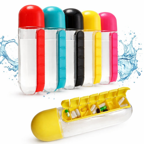 Pill Organizer Water Bottle 7 Days, Portable Medicine Planner with Removable Cup
