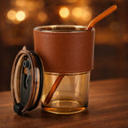 Premium Amber Glass Coffee Tumbler with Leather Sleeve
