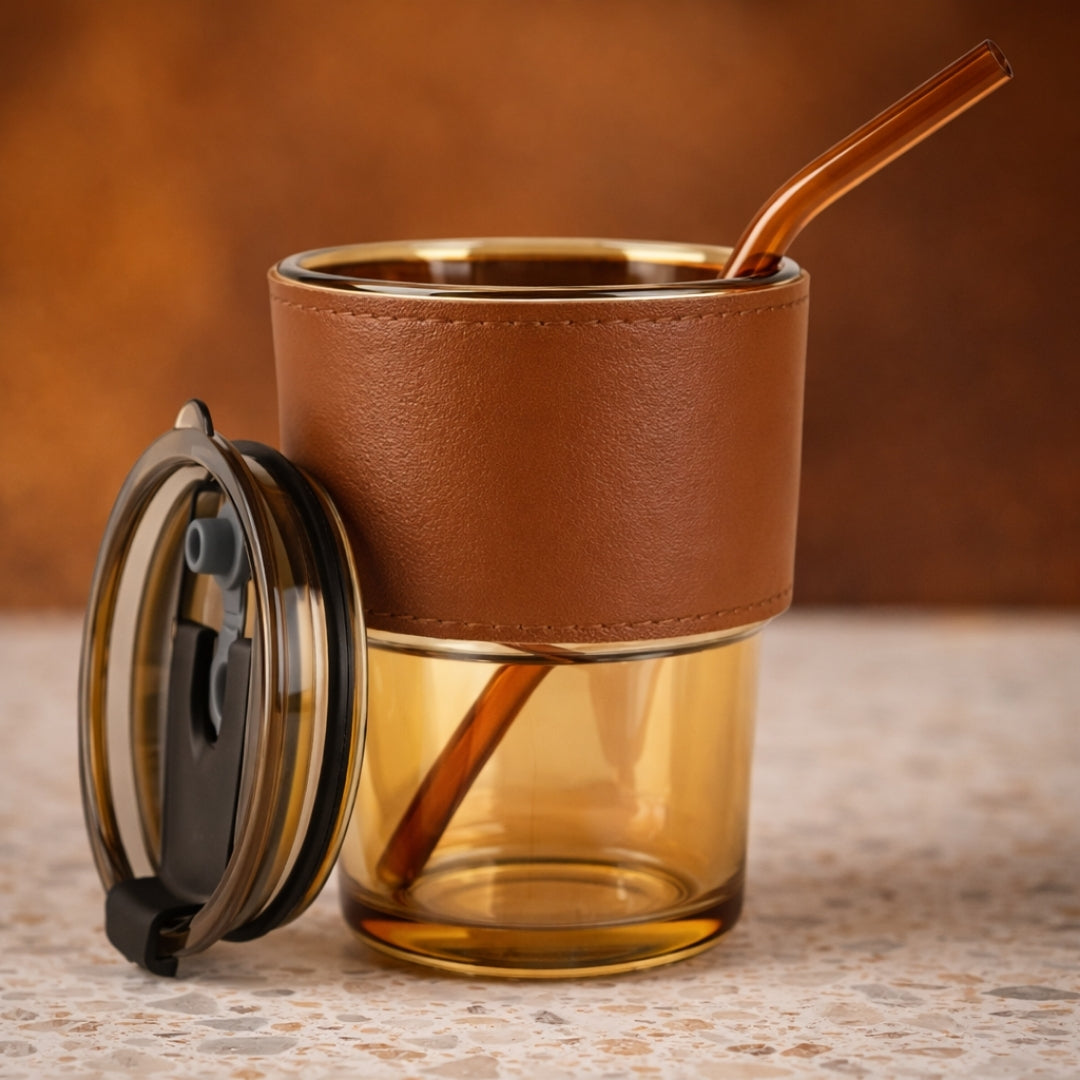 Premium Amber Glass Coffee Tumbler with Leather Sleeve