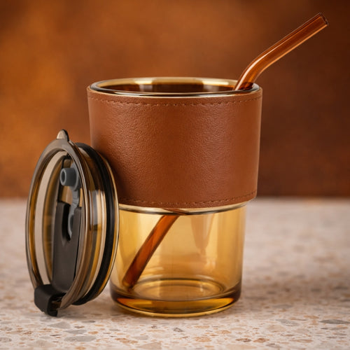Premium Amber Glass Coffee Tumbler with Leather Sleeve