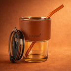 Premium Amber Glass Coffee Tumbler with Leather Sleeve