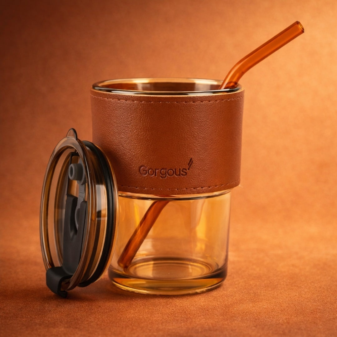 Premium Amber Glass Coffee Tumbler with Leather Sleeve