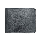 Front view of Cashy black leather wallet with smooth finish and neat edges