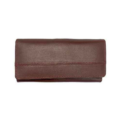 Front view of Riva brown leather clutch wallet with smooth finish and snap closure