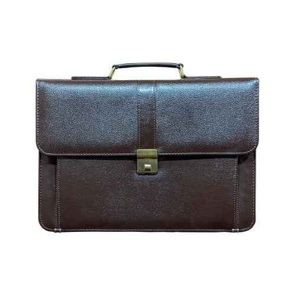 Front view of premium vegan leather executive bag with structured silhouette and handles