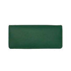 Front view of Aluna green leather clutch wallet with polished finish and button closure