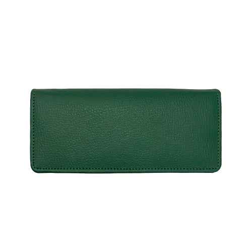 Front view of Aluna green leather clutch wallet with polished finish and button closure