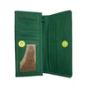 Flat lay of Aluna green ladies wallet – trendy clutch with snap closure