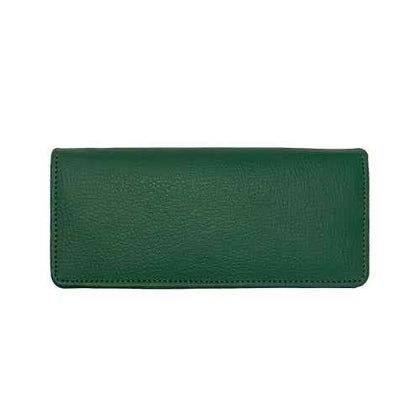 Front view of Aluna green leather clutch wallet with polished finish and button closure