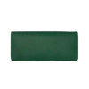 Front view of Aluna green leather clutch wallet with polished finish and button closure