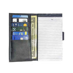 Flat lay of leather organizer wallet with phone holder and notepad – perfect desk companion