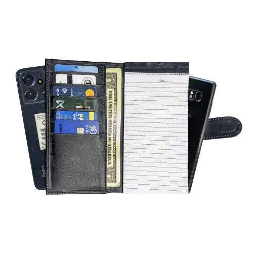 Interior of leather organizer wallet showing phone slot, notepad, and card holders