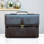 Flat lay of executive business bag in premium vegan leather – clean, modern aesthetic