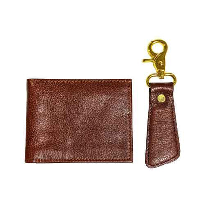 Gift box featuring brown leather wallet and keychain set for men – elegant packaging