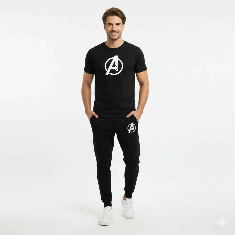 Round neck,half_sleeve casual T_Shirt with matching trouser. Trendy, comfortable aur gym, jogging aur daily wear ke Liye perfect choice _Black_Large