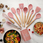 12 Pcs Silicone Cooking Utensils Kitchen Utensil Set | Heat Resistant Kitchen Non toxic Spatula Set with Turner Tongs,Spoon,Brush,Whisk-Wooden Handle – Random Color