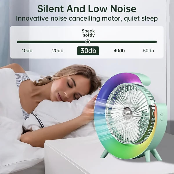 Colorful USB Rechargeable Desktop Fan | Silent Cooling, LED Ambient Light, 3-Speed Rotation